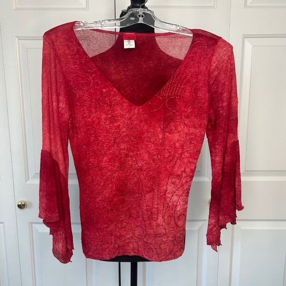 Hailee Tops - Hailee Red Shirt with Glitter Swirls, V Neck and 3/4 Sleeves Size L